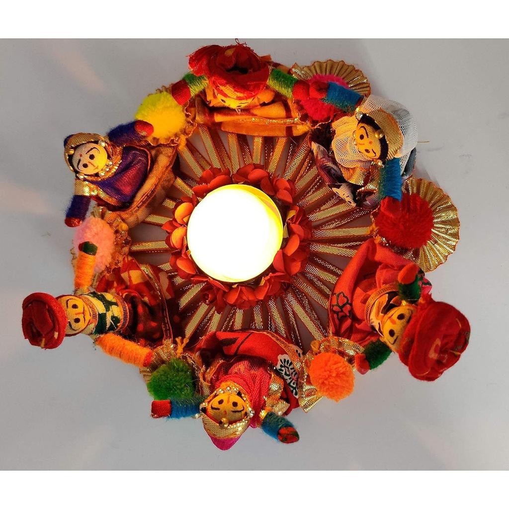 Handmade Recycled Material Rajasthani Dolls Puppet Tealight Candle Holder, Multicolor (13 Cm X 13 Cm 6.5 Cm) (Pack of 1)