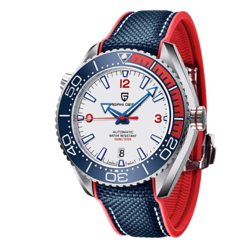 

Pagani Design Men s Watch, White/Nylon Rubber, Made in Japan, Seiko NH35 Movement, Seamaster Automatic, Mechanical, Waterproof, Stainless Steel, Rubbe