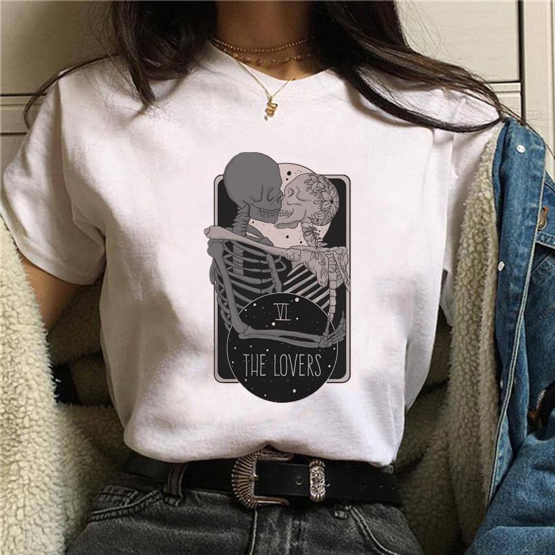 Summer Tshirt Female Tee Skull Cat Print Women Tshirt Punk Dark Grunge Streetwear Ladies Gothic Top Tshirts Harajuku Clothes Y2K