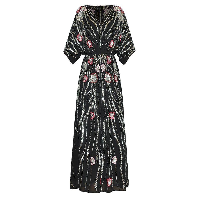 

V-neck Batwing Sleeve Heavy Embroidery Sequins Embroidered Beaded Elastic Waist-Tightening Long Dress Dress 2025 Summer New Arrival Black XL