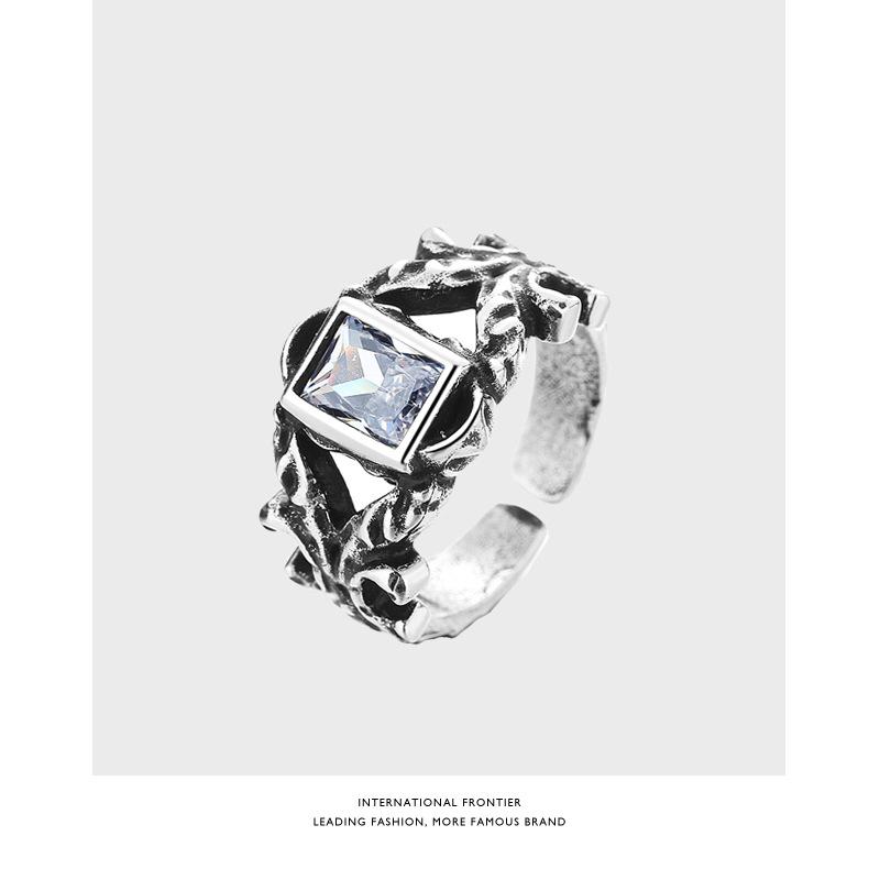 Vintage Zircon Cold Wind Irregular Texture Personality Exaggerated High Sense Hip Hop Cool Female Index Finger Ring Adjustable opening