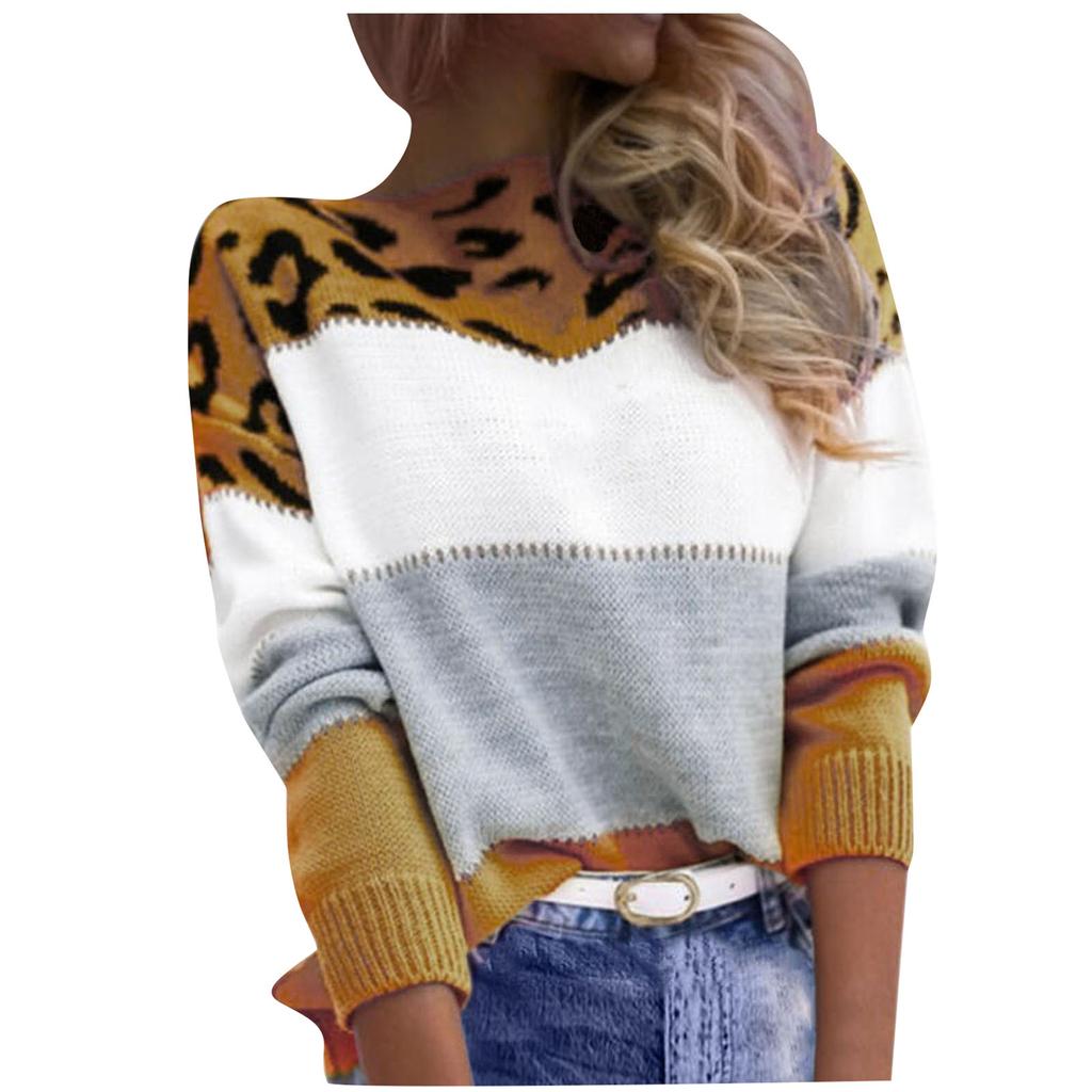 Women's Autumn And Winter Leopard Print V-Neck Pullover Long Sleeve Contrast Color Knitted Sweater Tops