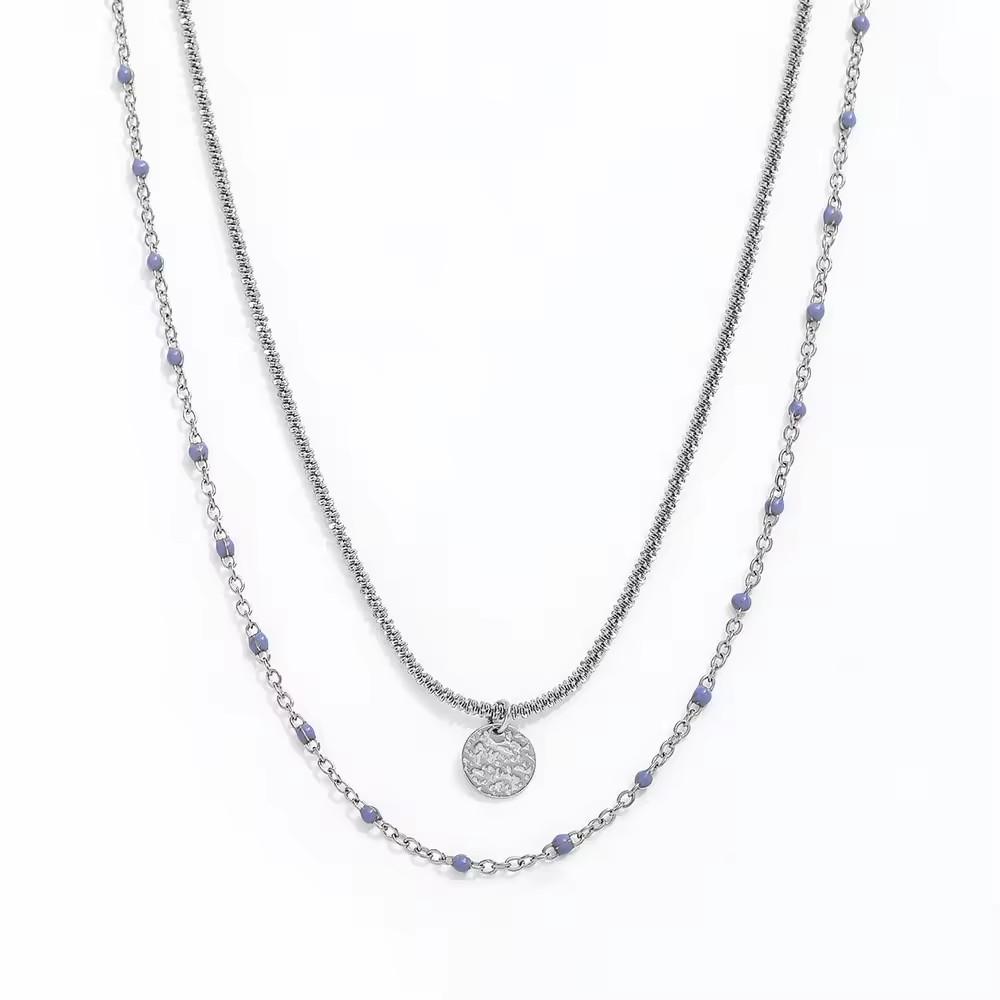 JOOLIM Ready to Ship High End 18k Gold Plated Stainless Steel Cuban Double - Layer Light Purple Beaded Round Pendant Necklace серебряный