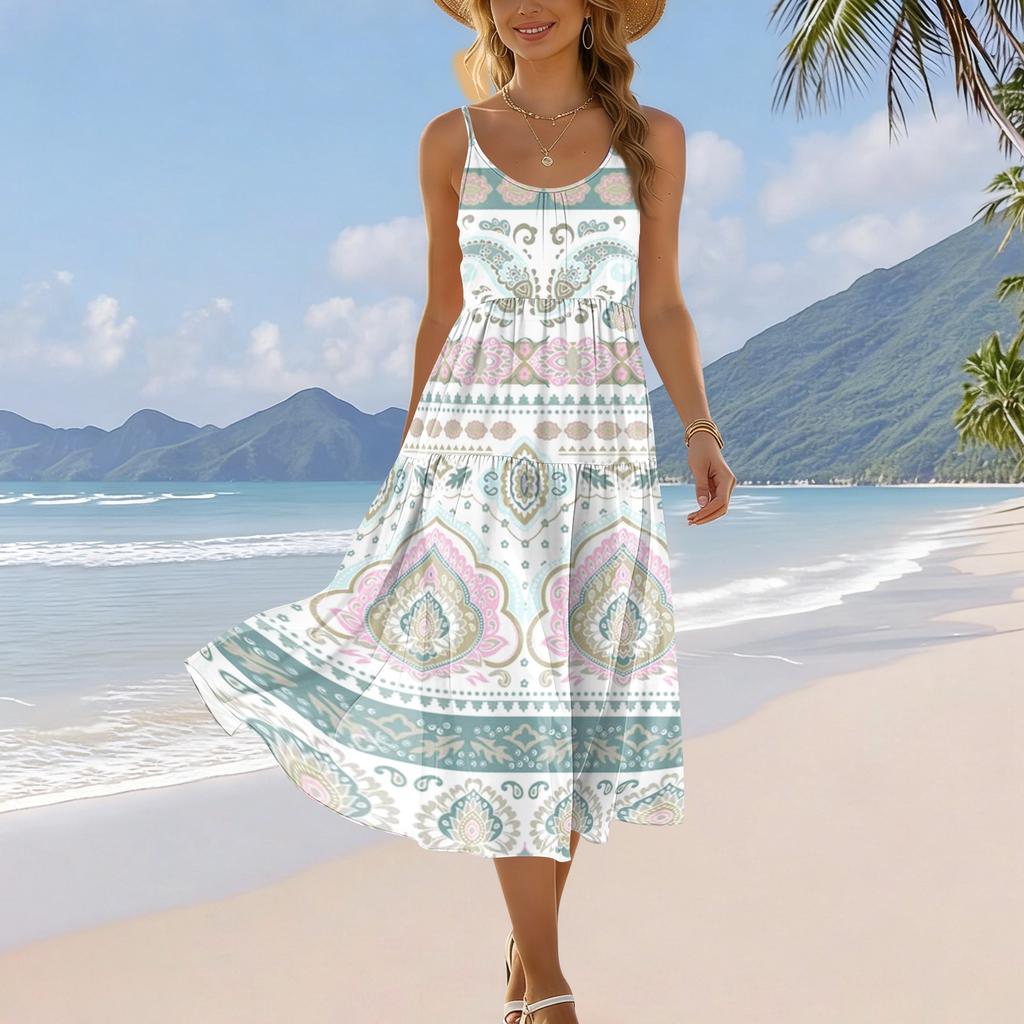 Women’s Sleeveless Floral Print Midi Dress with Adjustable Spaghetti Straps and Bohemian Patterned Hem for Summer Wear