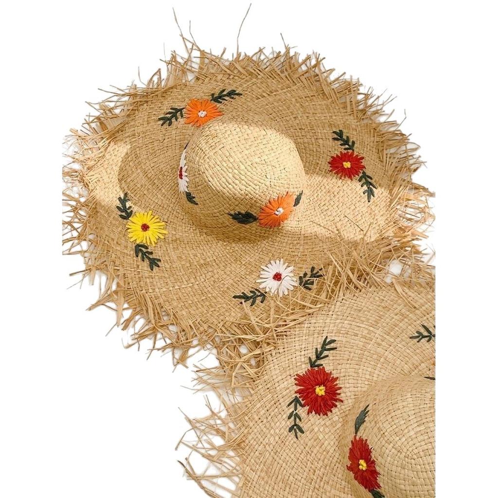 French raffia flower straw hat women's summer beach seaside woven large brim sun hat sunshade sun protection hat