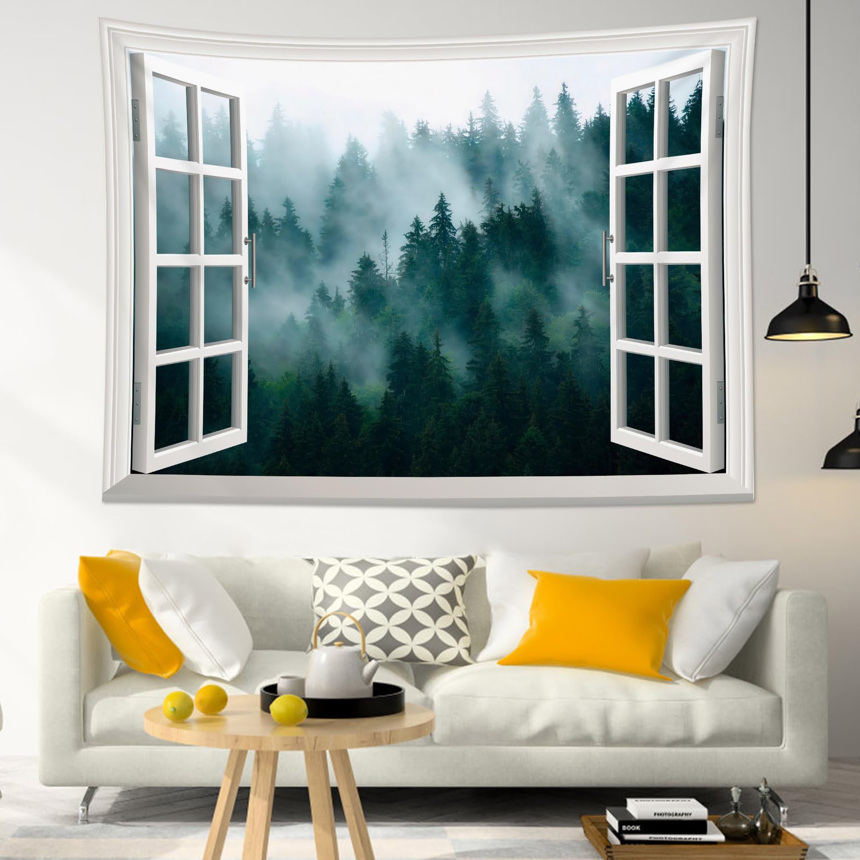 Misty Pine Forest Tapestry Foggy Green Tree Woodland Outside The Window Wall Tapestry Nature Landscape Aesthetic Tapestries 70x100CM