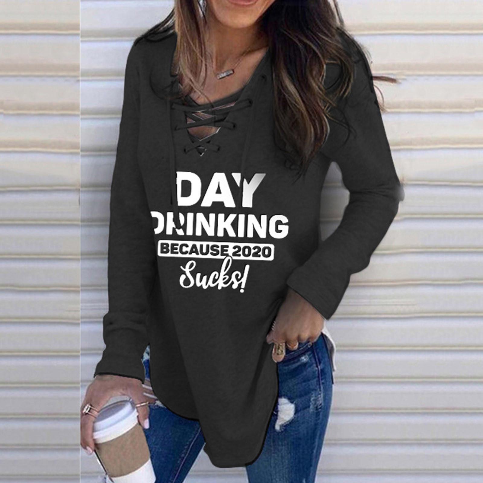 

Women Letter Printed V-Neck Long Sleeves Blouse Tops Bandage Pullover Sweatshirt L чорний
