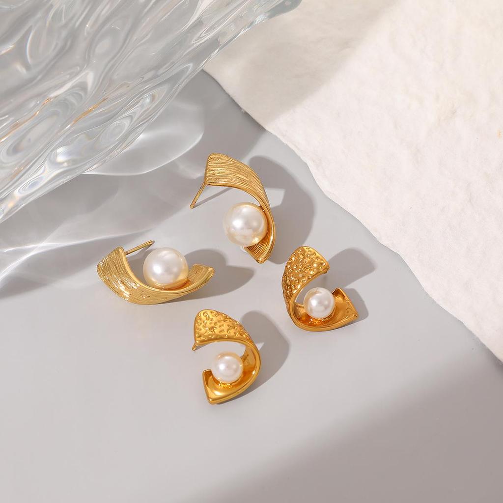 French Minimalist Stainless Steel Pearl Stud Earrings for Women