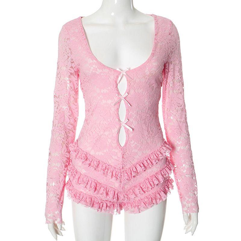 

Fashion Women s New Sweet Sexy Pink Ruffles Long Sleeve Jumpsuit Cut Out Lace Pure Desire Style Jumpsuit for Women Pink S