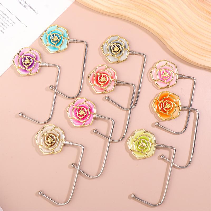 Elegant Gradient Rose Bag Purse Hook Portable Handbag Hanger Fashion Foldable Table Hook Organizer Desk Side Hooks