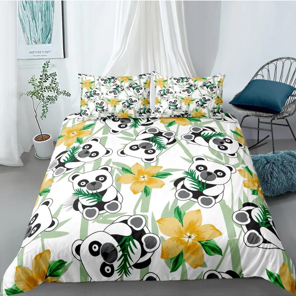 Cartoon Cute Panda Comfortable Duvet Quilt Cover Pillowcase Bedding Set Children Bedroom Decoration Home Textile