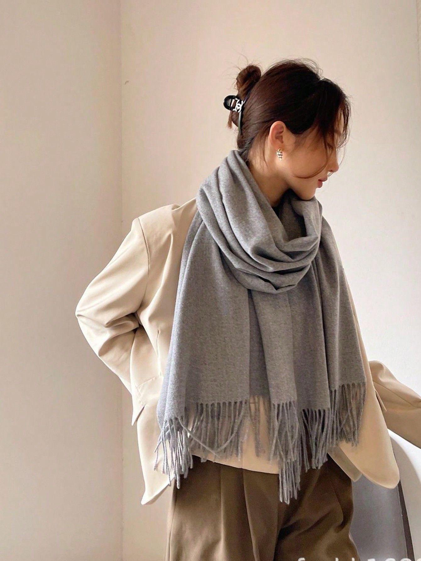 

Женская зимняя шаль: Мягкий красный шарф с кисточками, универсальный и теплый для осени и зимы. Style 4