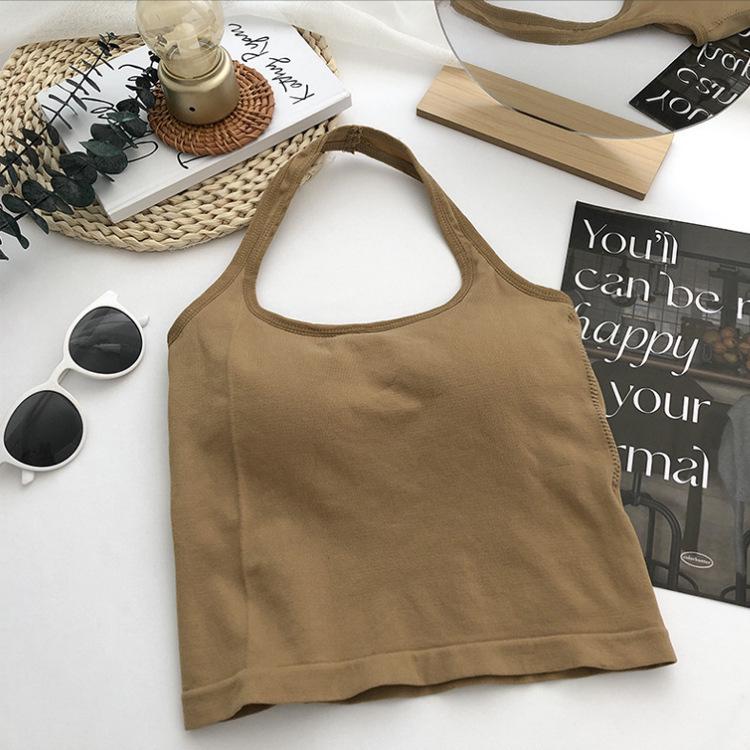 

Maillard Color Backless Camisole Vest - Women s Long Halter Neck Bustier with Chest Pads One Size хакі
