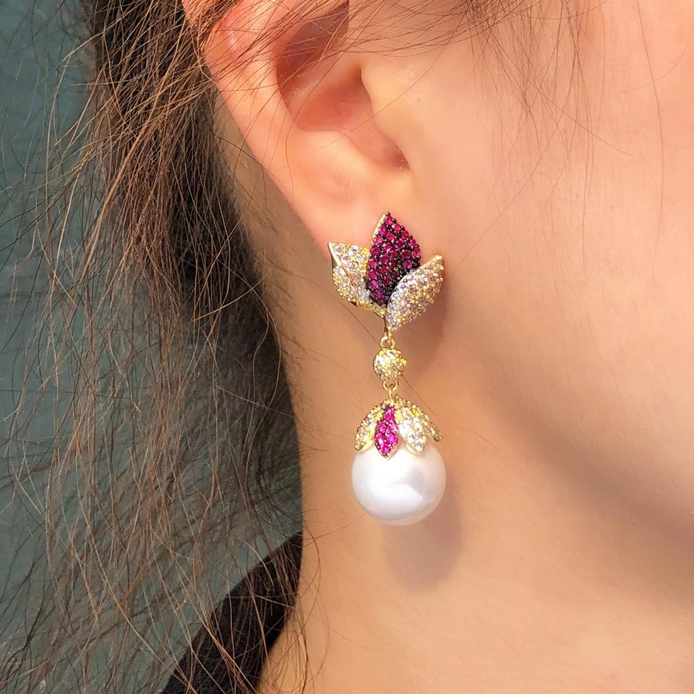 Needle Full Diamond Light Luxury Heavy Industry High-End Flower Earrings Leaf Leaves Slightly Inlaid Zircon Pearl Earrings