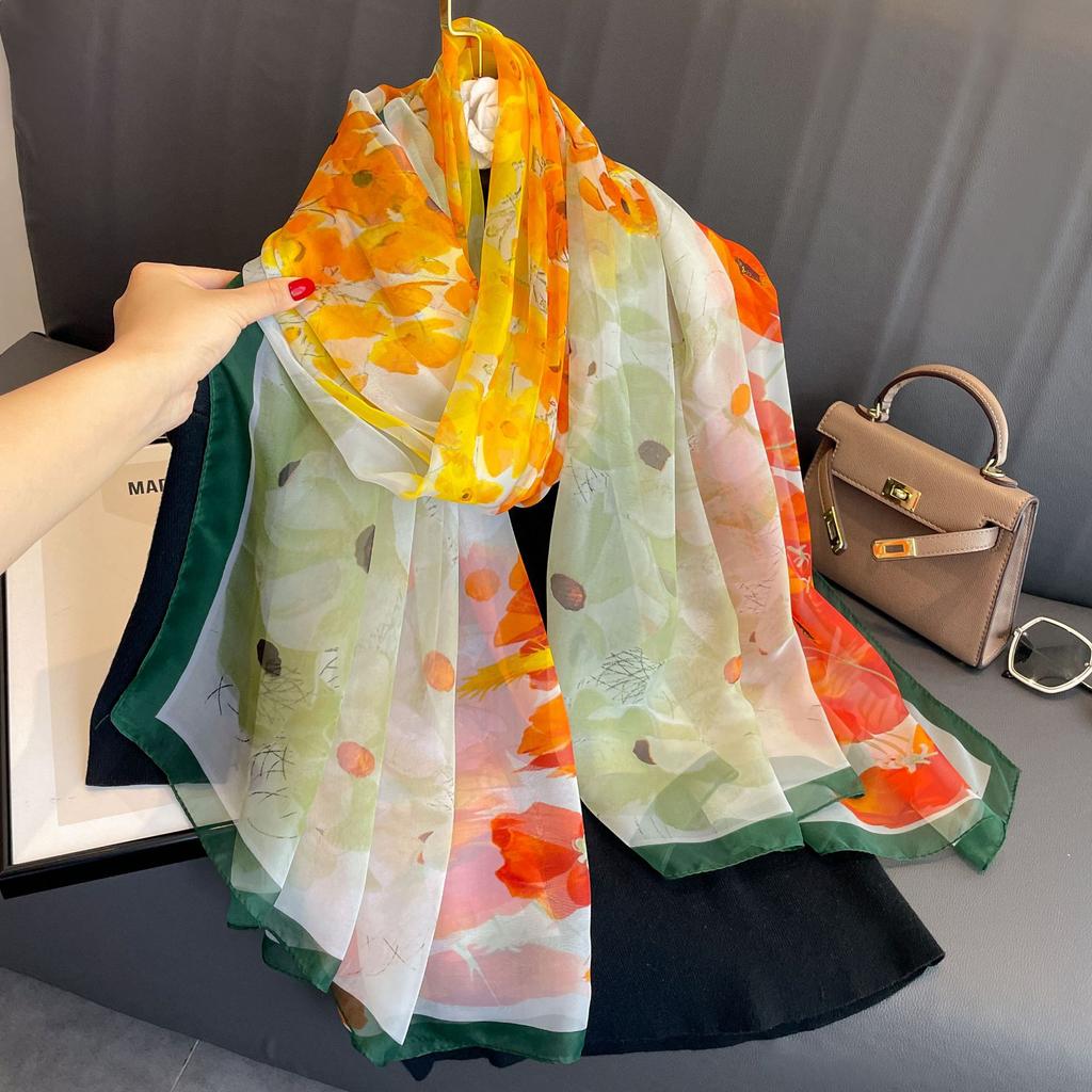 Print Silk Scarf Hijab Women Spring Deisgn Soft Beach Stoles Elegant Head Scarves Echarpe Shawl Satin Large Wrap Echarpe Bandana