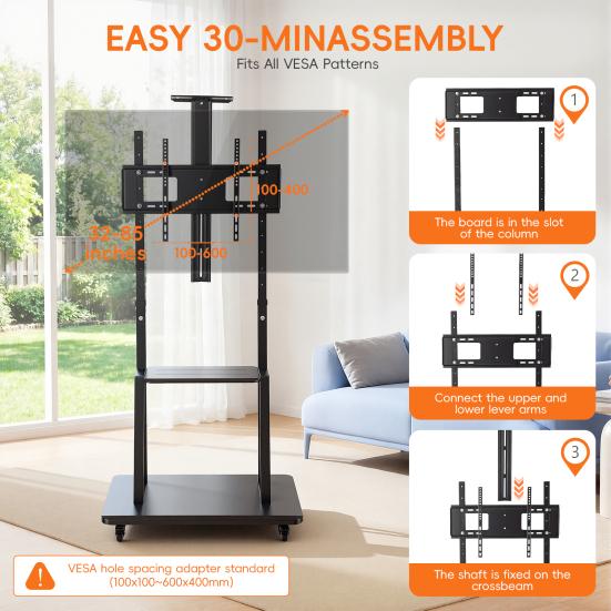 Rolling TV Cart with Wheels Stand on for 32-85 inch Screens Up to 132lbs Heavy-Duty Mobile Shelf & Locking Wheels Height Adjustable Floor