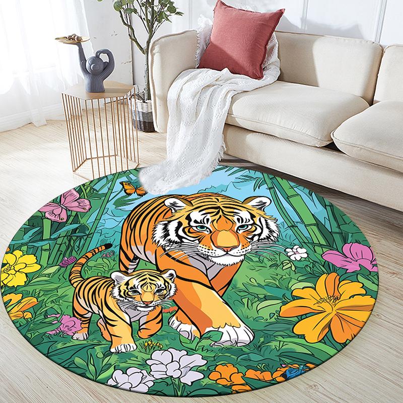 Bamboo Forest Tiger,Round Area Rug,Carpet Rug for Living Room Bedroom Sofa Playroom Decor,Non-slip Floor Mat