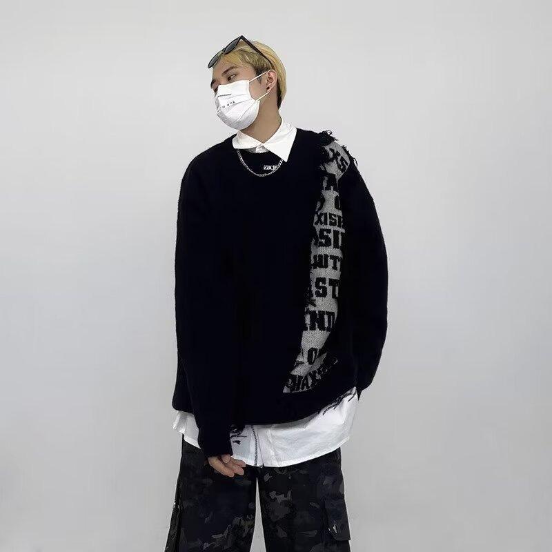 

Unisex Cross-Border Retro Patchwork Fringe Sweater - Loose, Soft, Irregular Knit Pullover Large чорний