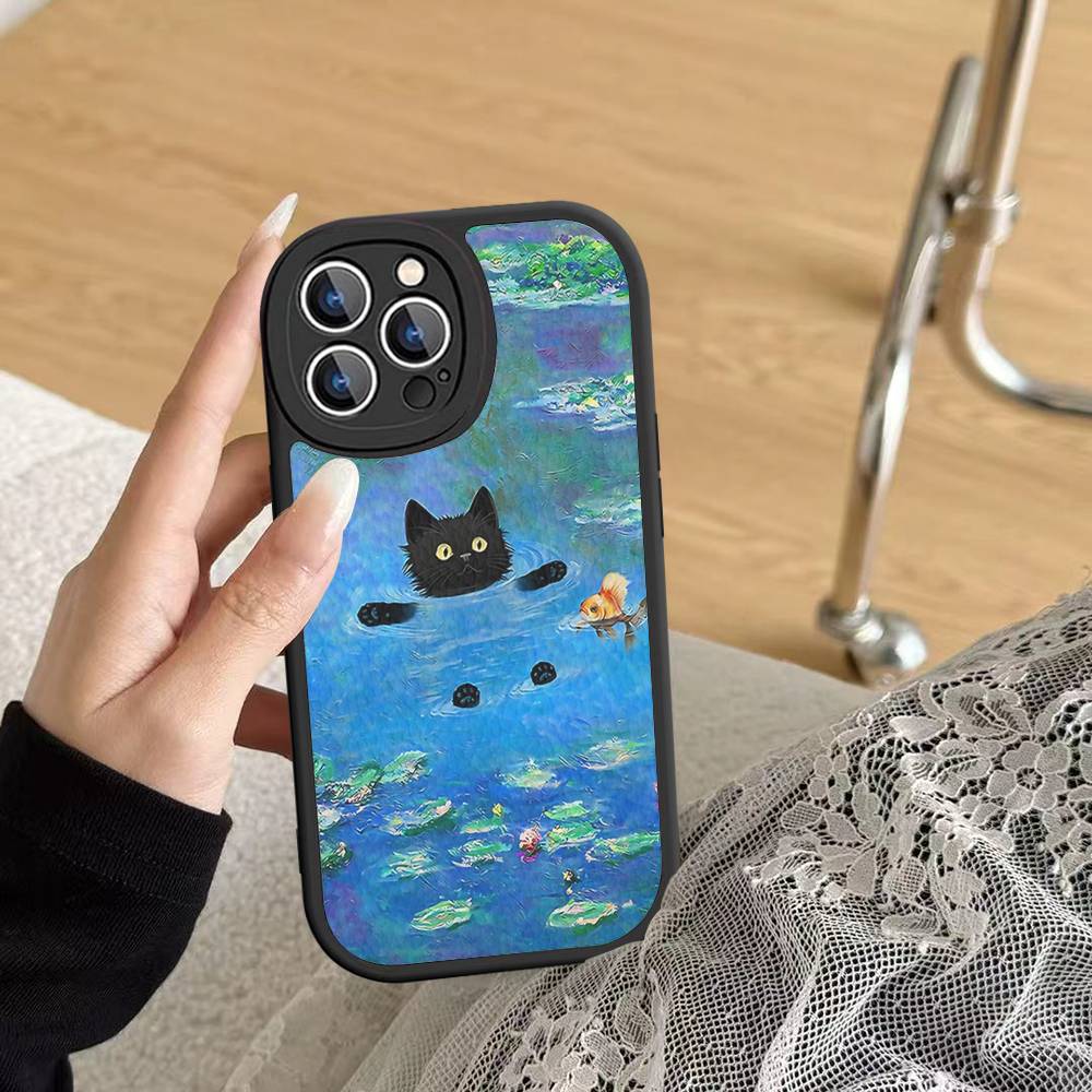 Funny Cats Van Gogh Phone Case For IPhone 16 15 14 13 Pro Max 11 12 Plus Leather Silicone Cover