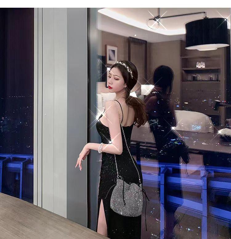 2024 Summer Korean Hepburn Black Sequin Slit Midi Slim Fit Suspender Dress