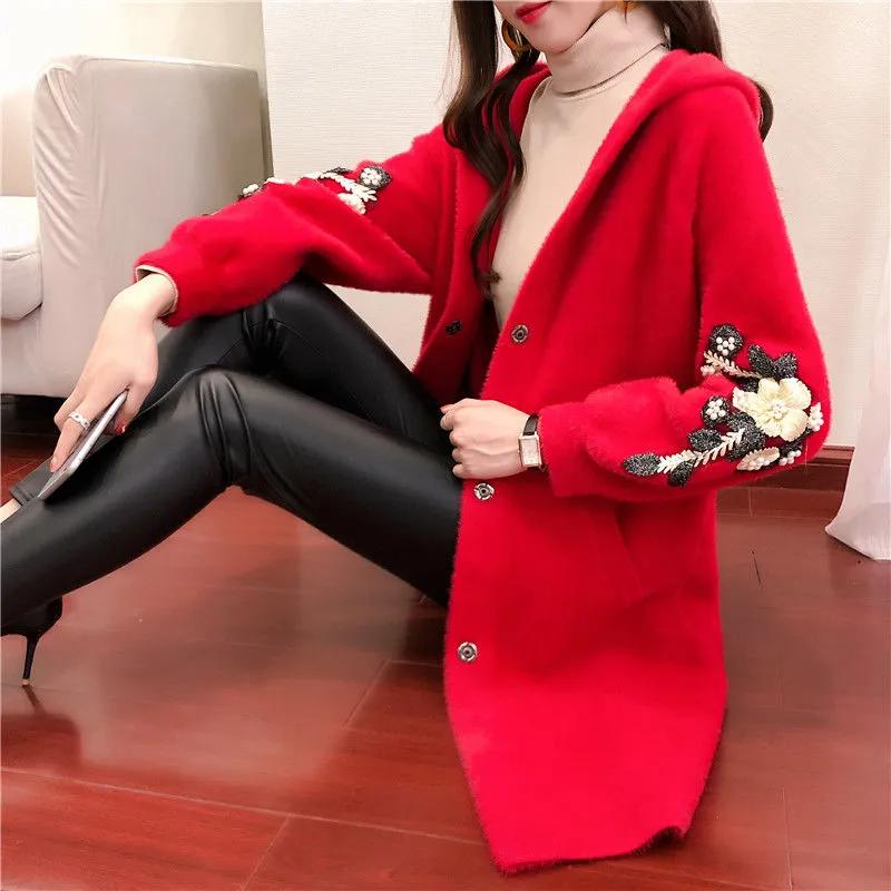 Women's Thickened Hooded Warm Imitation Mink Fleece Coat for Fall/Winter Mid-Length Wool Coat Female
