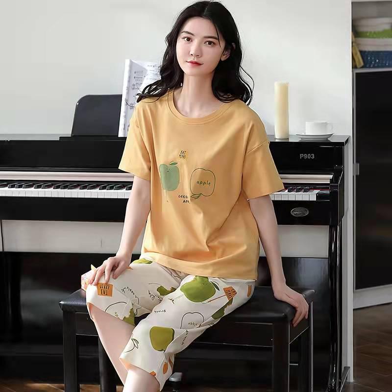 Korean Style Women's Summer Pajama Set – Imitation Cotton, Short Sleeve, Capri Pants, Thin, Cute, Plus Size