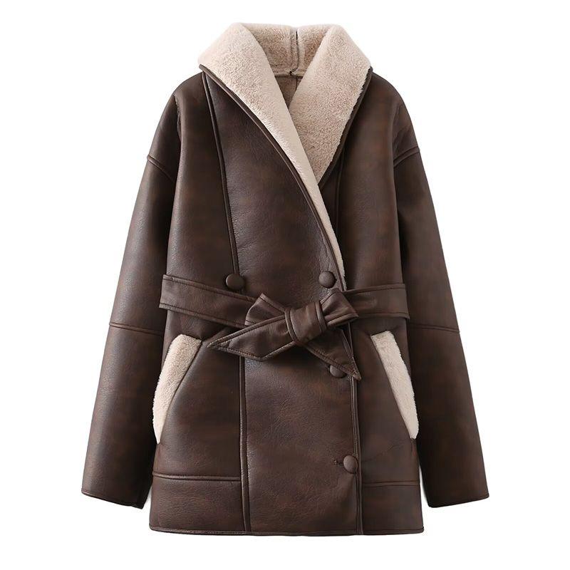 

Monka Bazaar American Street Retro Style Fur Integrated Lamb Fur Shoelace Waist-Tight Heattech Coat Overcoat Brown XS