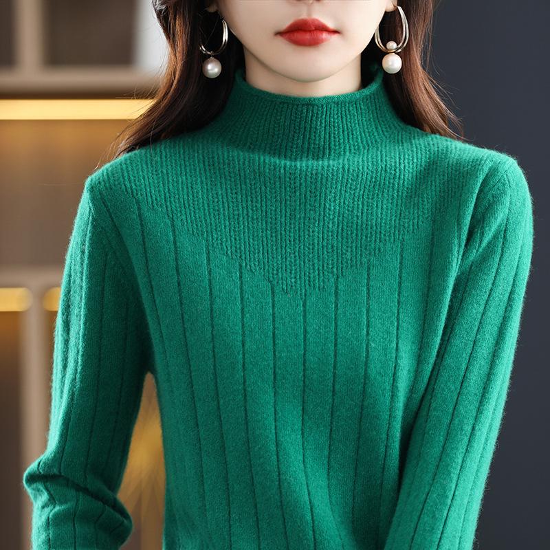 Women's Thickened Half-High Collar Pure Wool Sweater - Loose Knit Base Layer for Autumn/Winter