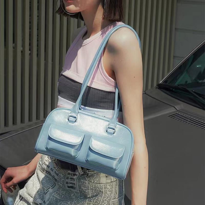 Korean Retro Wax Leather Bowling Shoulder Bag with Multi-Pockets