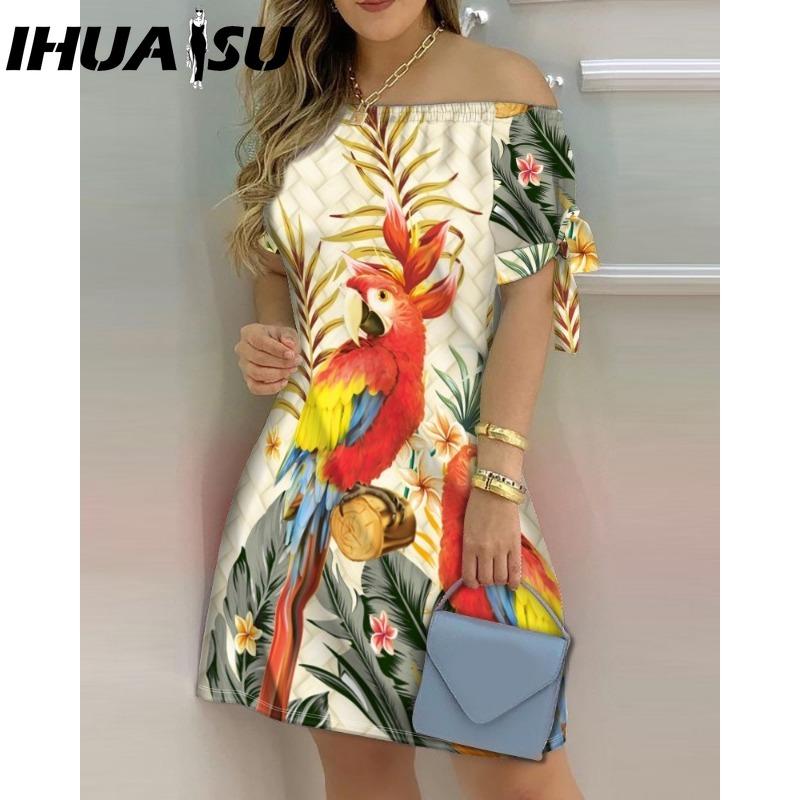 IHUASU Women Fashion Off Shoulder Dress Short Sleeve Bow Tie Print Dresses Summer Beach Dresses Plus Size