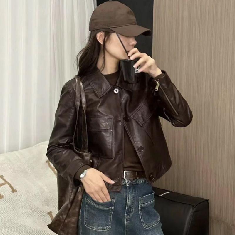 

Женская приталенная кожаная куртка свободного кроя 2025 - Стильная и короткая для весны/осени M (suggested 85-100 jin)