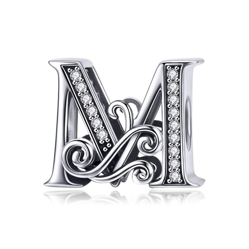 BAMOER Classic 925 Silver Letter Vintage A to Z 26 Letter Charms Openwork CZ Alphabet Beads Fit Charm Bracelet BSC030