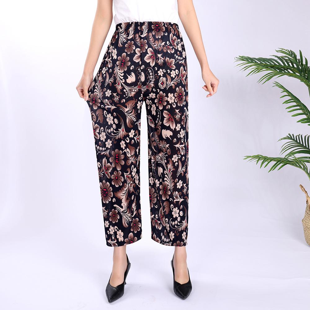 Pantaloni Casual Estivi da Donna Taglia Forte in Seta Ghiaccio Elasticizzata - Larghi, Vita Alta Elastica per Mezza Età e Anziani