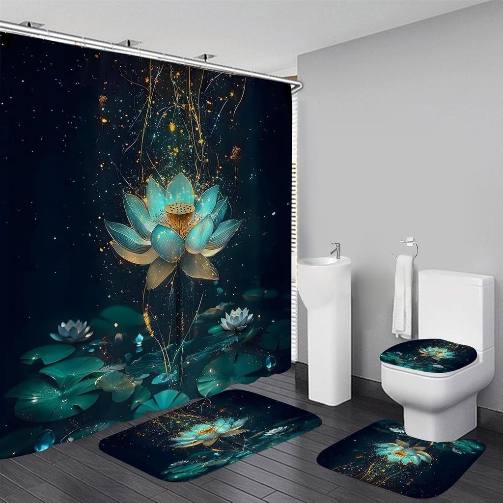 8styles 4Pcs Bathroom Shower Curtain Set Green Tree Nature Bathroom Curtain With 12 Hooks Non Slip Rugs Toilet Cover Mat Bathroom Partition
