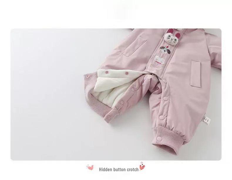 Baby Girl Velvet Jumpsuit - Warm, Cute Cartoon Hooded Windbreaker Onesie