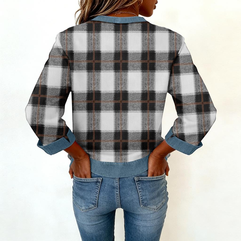 Damen Jeanskragen Patchwork Nähte Sweatshirt Lässig Pullover Langarmshirts