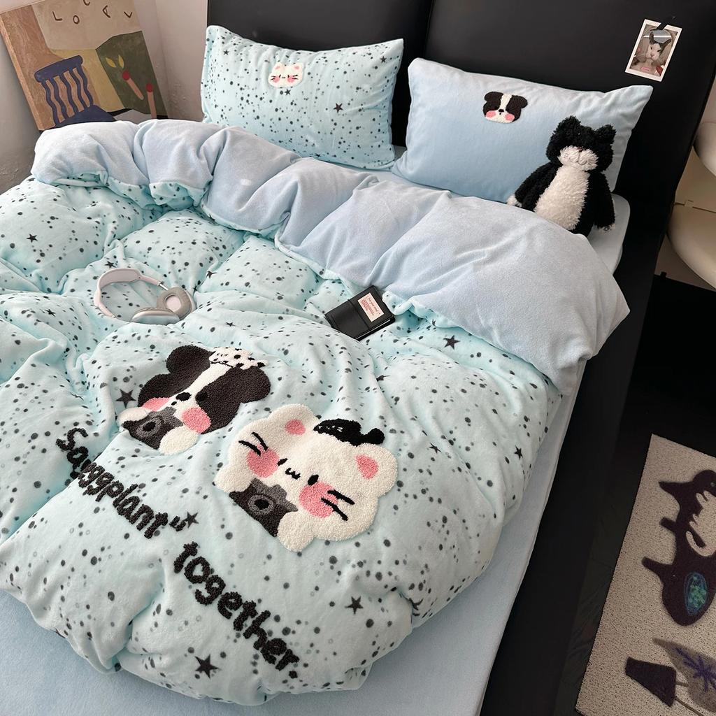 Cute Cat Embroidered Autumn Winter Warm Bedding Set Milk Velvet Thicken Warmth Duvet Cover Set with Sheet Quilt Cover Pillowcase
