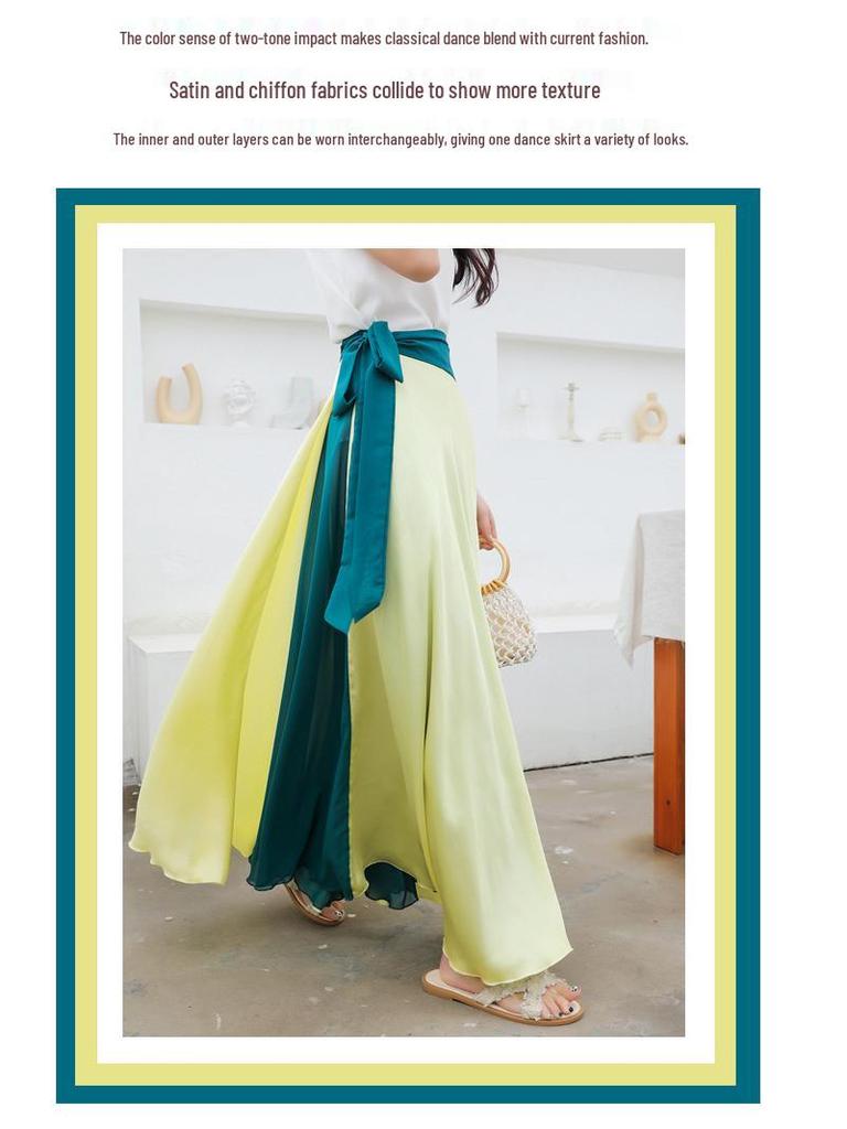 Two-Tone Satin Chiffon Lace-up Dance Midi Skirt for Women