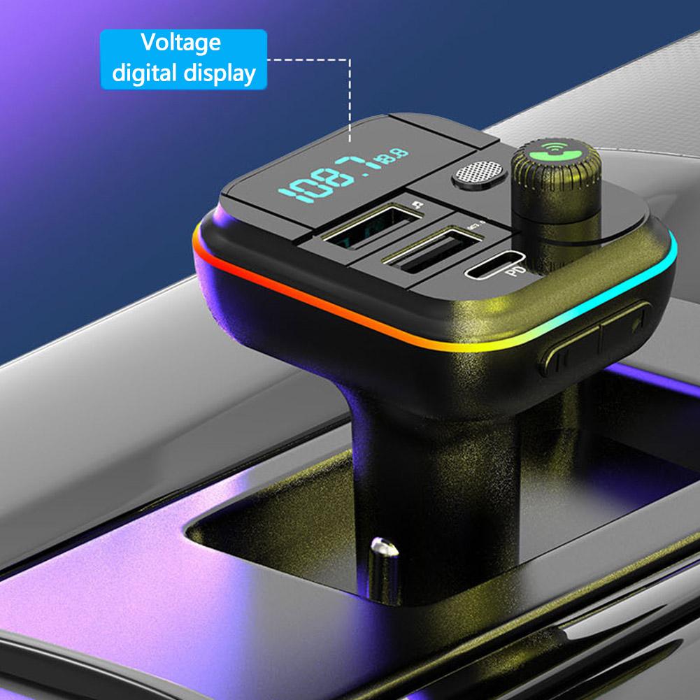Car Fast Charge Bluetooth 5.0 FM Transmitter PD Dual Player Music Type-C Colorful Ambient MP3 Light Cigarette Lighter USB