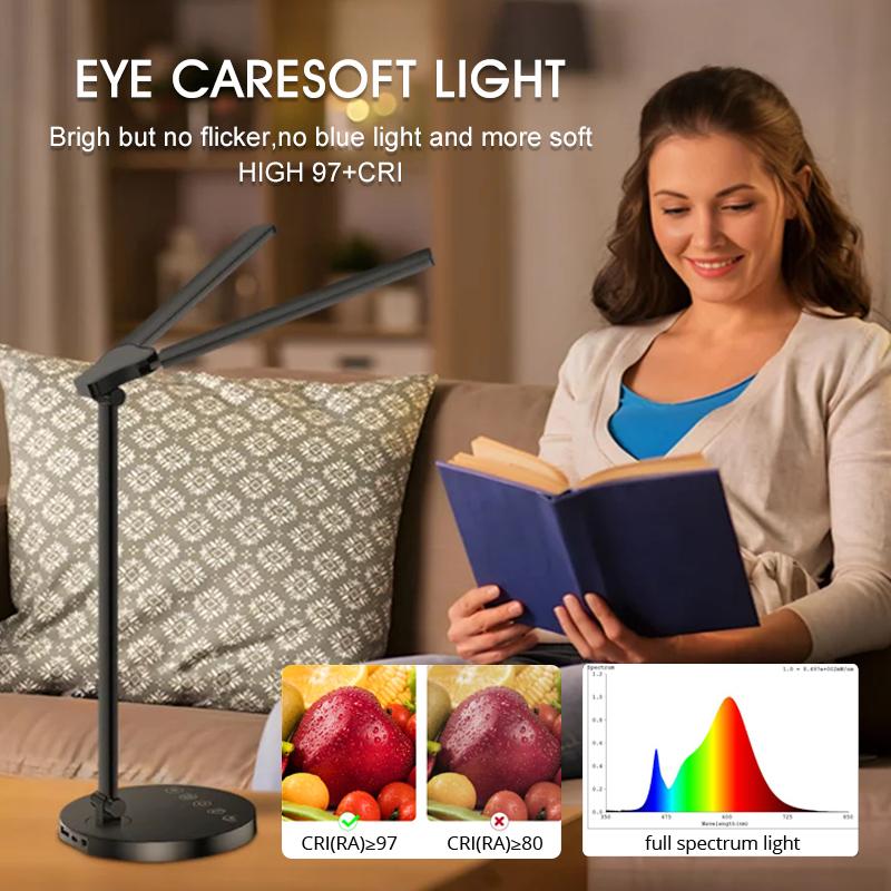 Led Desk Lamp with Adjustable Brightness 5 Color Dimmable Desk Light Type-C Interface Dual-Head Table Lamp for Home and Office
