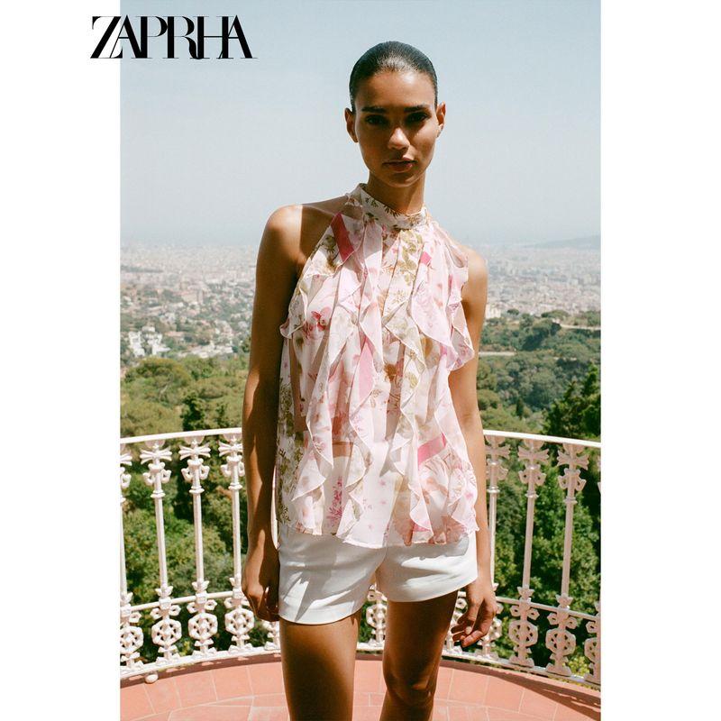 Zaprha 2025 Summer New Sweet Flower Print Laminated Decorative Turtleneck Sleeveless Top 2298125
