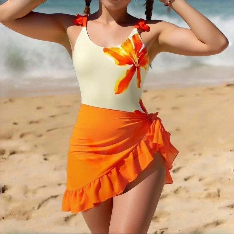 Badeanzug für Mädchen (Tween) mit Blumendruck, 2-teilig, Sommer-Badebekleidung für Urlaub & Strand, Kinder-Mädchen-Badeanzug, Farbe Orange, 8 Jahre bis 12 Jahre