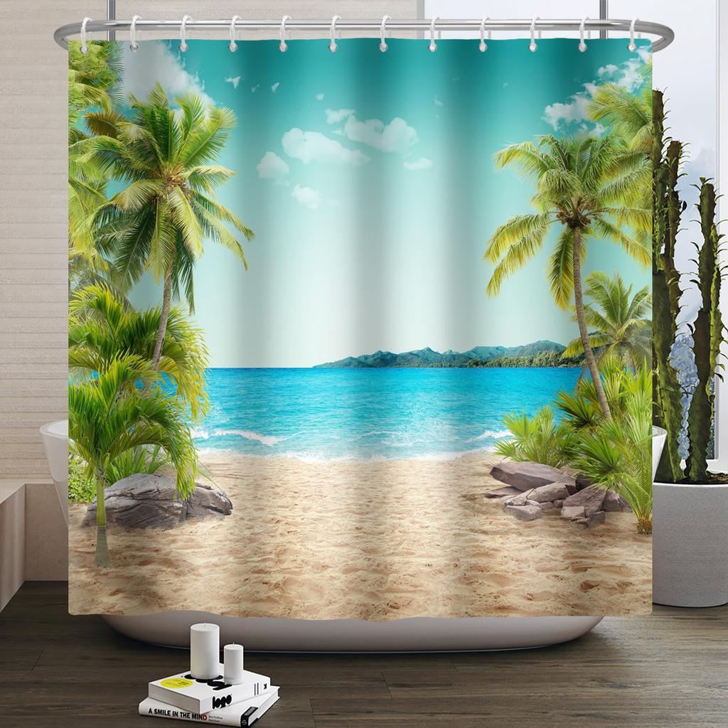 Summer Beach Sea Palm Tree Shower Curtain Tropical Surfboard 3d Waterproof Bathroom Curtain Decoration With Hooks Home Supplies