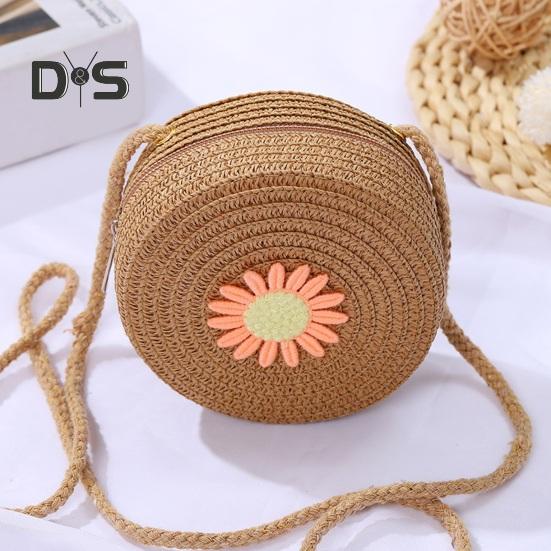 Umhängetasche für Kinder, Stroh, gewebtes Blumendekor, Umhängetasche im pastoralen Stil, Reißverschluss, verstellbarer Riemen, Schultertasche für den Alltag, Party, Arbeit, Dating