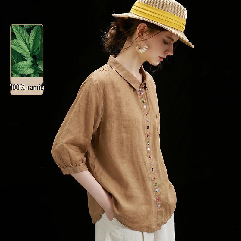 Wudao Women s Old Money Style 100% Ramie 3/4 Sleeve Shirt L