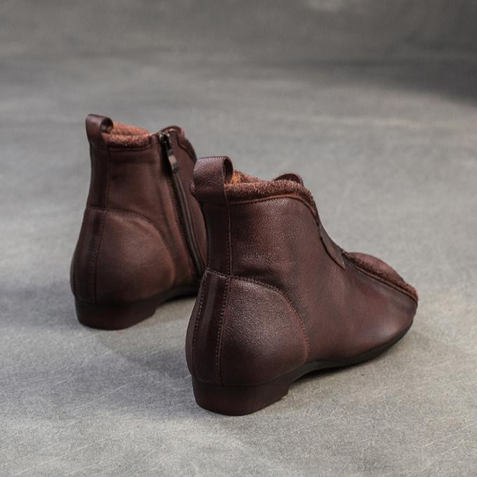 Johnature Sapatos femininos de couro legítimo, bota curta retrô confortável e de fundo plano