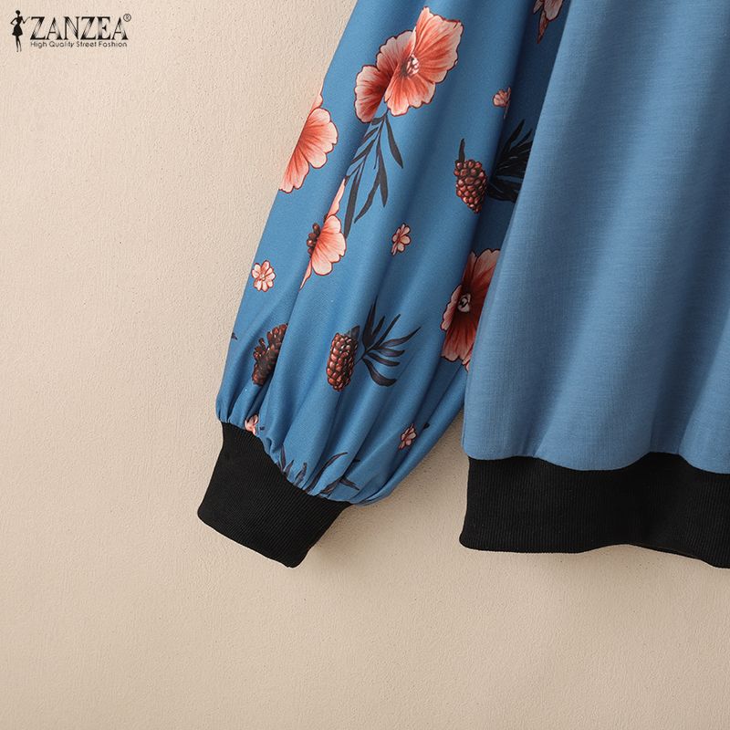 ZANZEA Women Casual Round Neck Floral Splice Long Sleeve Pullover Tops
