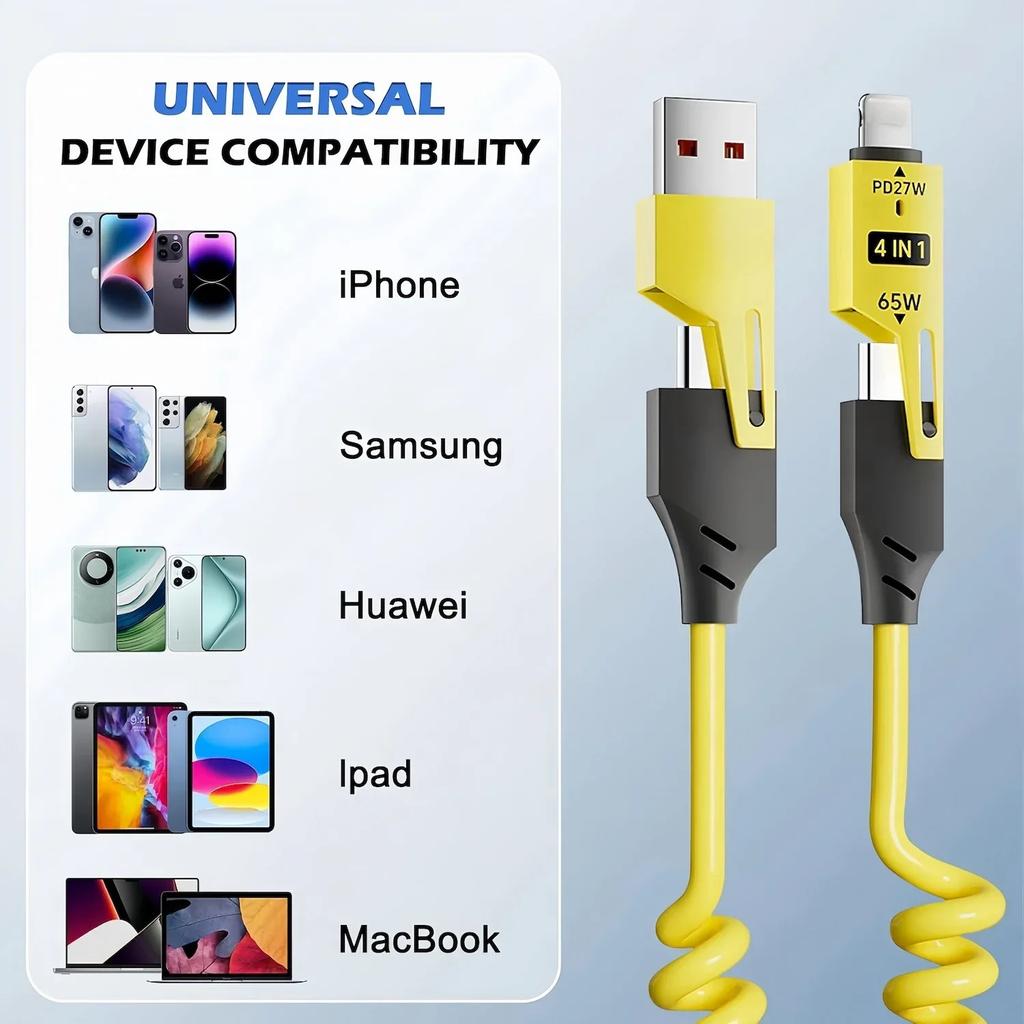 Retractable 4-in-1 Fast Charging Cable 65W USB-C PD 1 2m Spring Charger for iPhone iPad Android Laptops