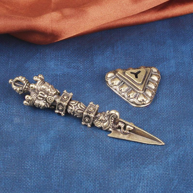 Pure Copper Three-Sided Pumba Demon-Slaying Desktop Ornament Tantric Ritual Instrument Prong Vajra Pestle Cra