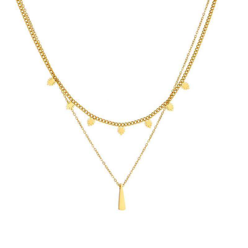 Gold Plated Layered Palm Leaf Necklace, Dainty Double Chain Stick Pendant Charm Choker, Boho Summer Jewelry for Women Gift